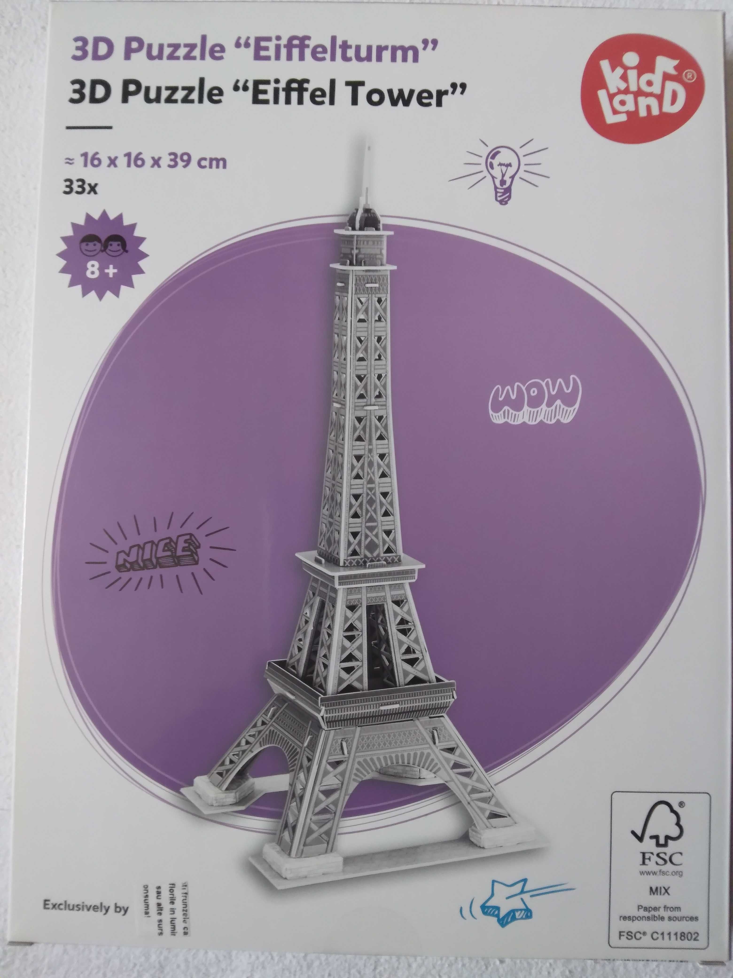 Puzzle 3D cu turnul Eiffel, 16x16x39cm, din 33 piese, nou, nefolosit