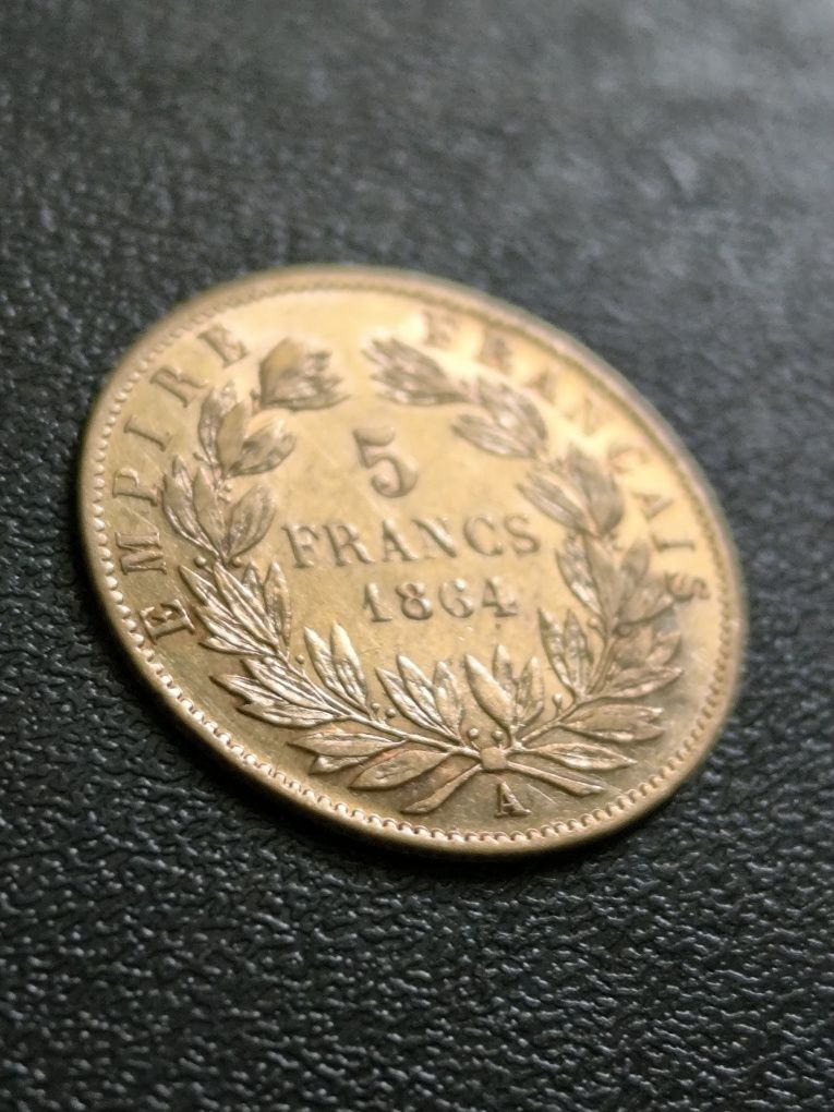 5 франка 1864 год, Наполеон с венец, Злато 1.61 гр,900/1000