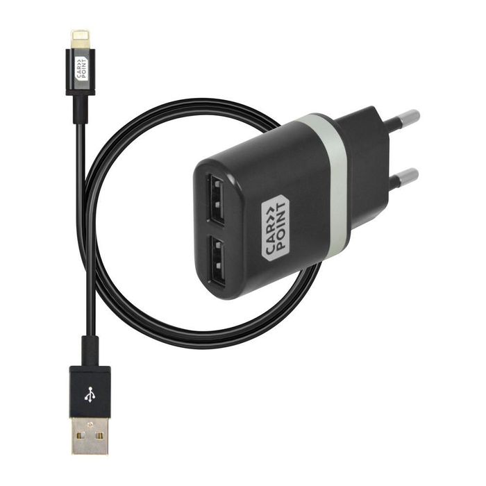 Incarcator priza retea, cu iesire 2x USB, iesire 5V 2.4V, cu cablu conector hibrid MicroUSB MFi Dock 8pin,