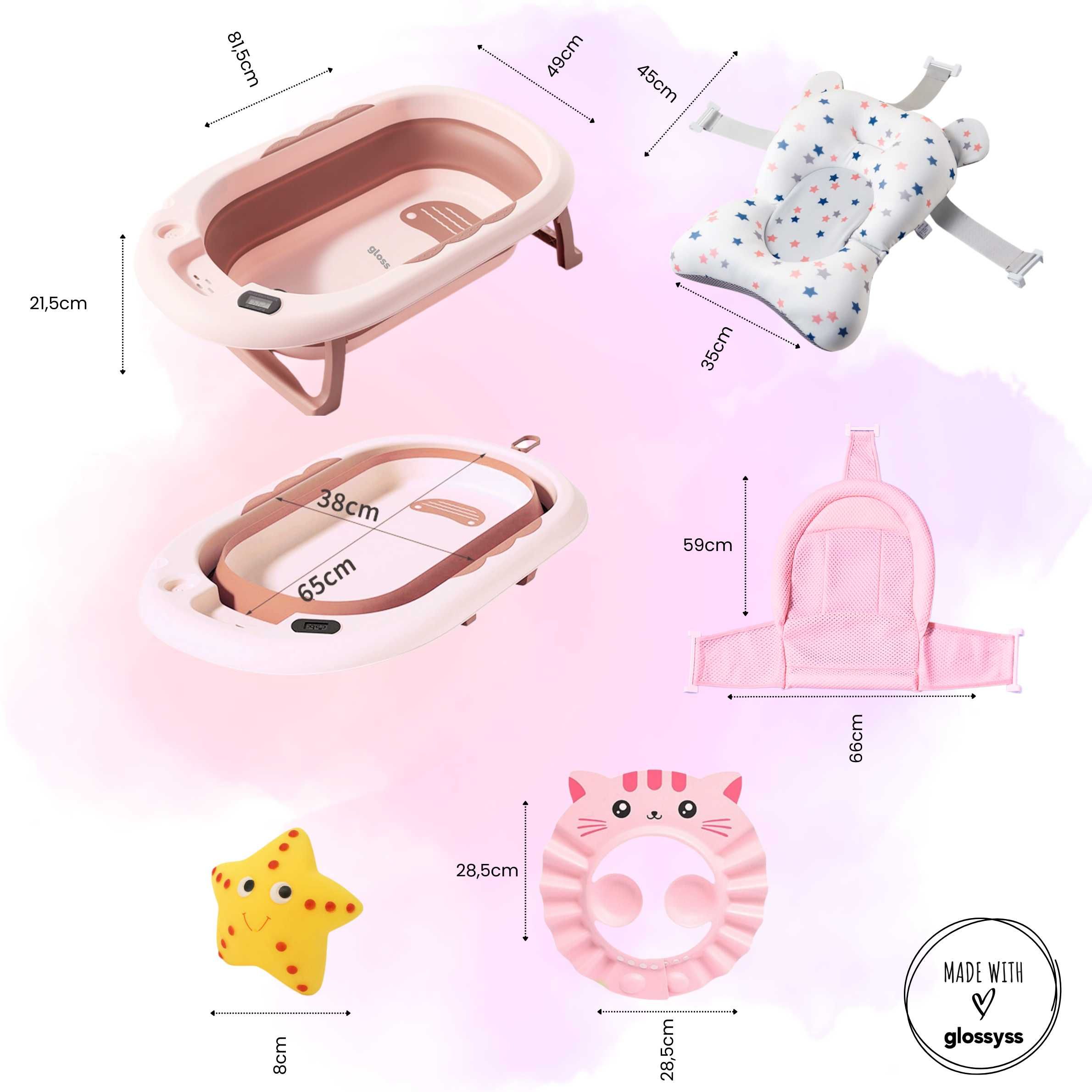 Cadita Pliabila si Evolutiva pentru baie bebe - 8 piese, Roz