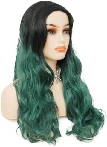 Нова Естествено изглеждаща дълга вълниста перука в черно и зелено коса