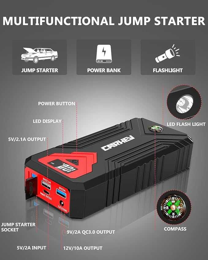 CARHEV Jump Starter Power Bank, 3000 A пиков ток 24000 mAh