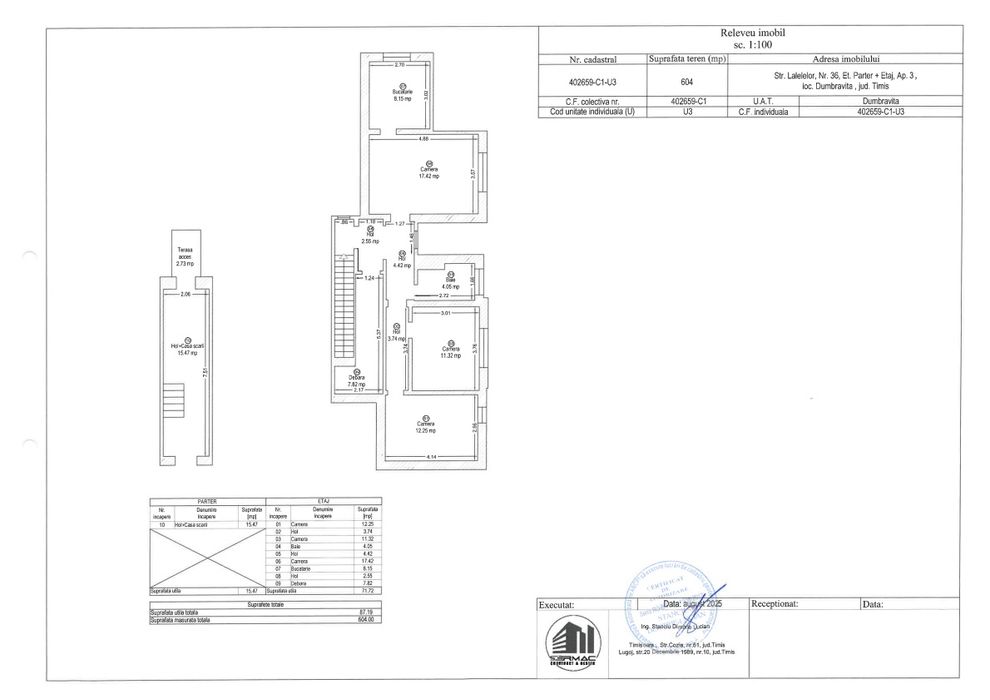 Vând apartament 3 camere. 194 mp teren în proprietate. 2 locuri parcar