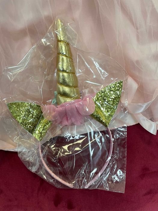 Costum rochie Unicorn multicolor cu cordeluta pentru fete, 120 cm