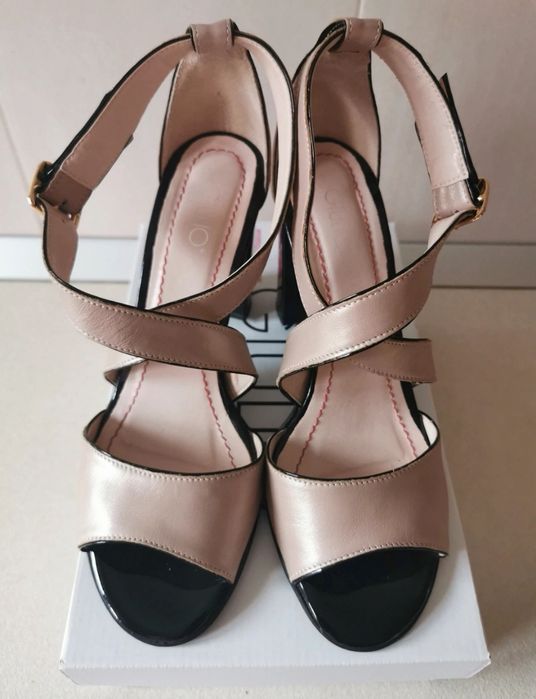 Sandale GIULIO crem /bej/ nude + negru piele naturala