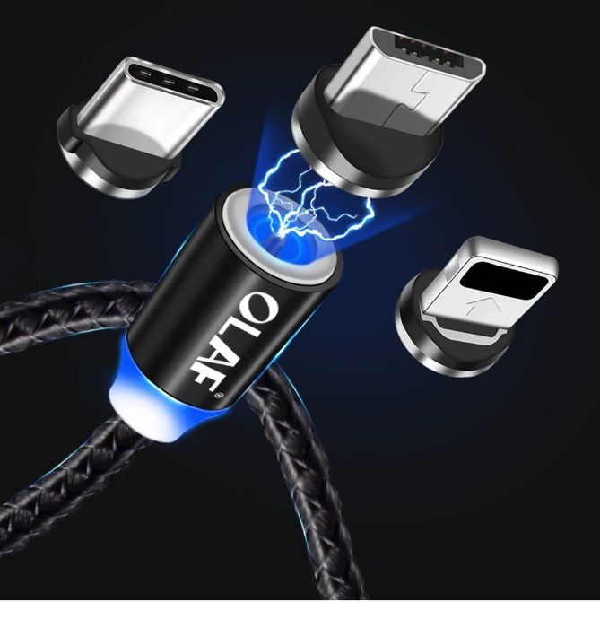 USB магнитен 2м кабел OLAF 2 за бързо зареждане iPhone microUSB Type-C