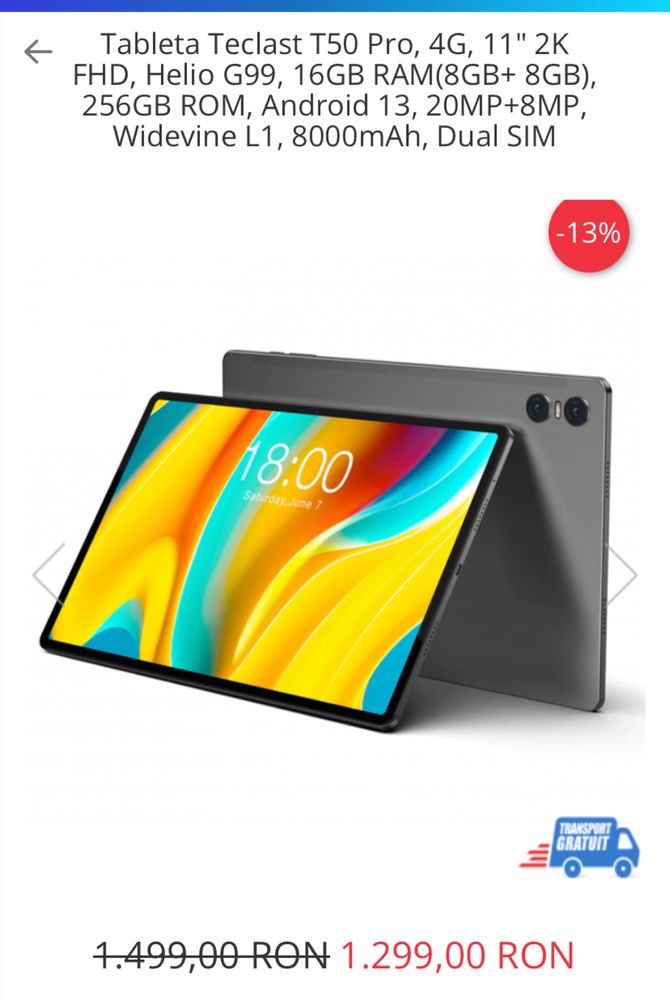 Teclast M50 pro, 256gb, sim 4G LTE sigilata, transport inclus OCAZIE