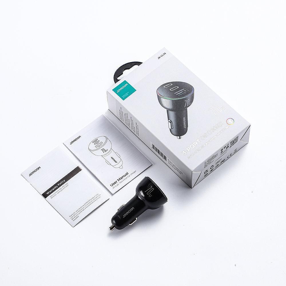 Зарядно за автомобил joyroom 3 port 70w usb, 2 x usb c black (jr-cl26)