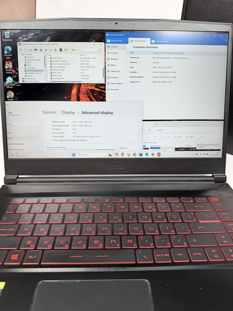 MSI Thin/15,6” 144Hz IPS/RTX 2060 6GB/i5-10300H/16GB RAM/512GB NVMe