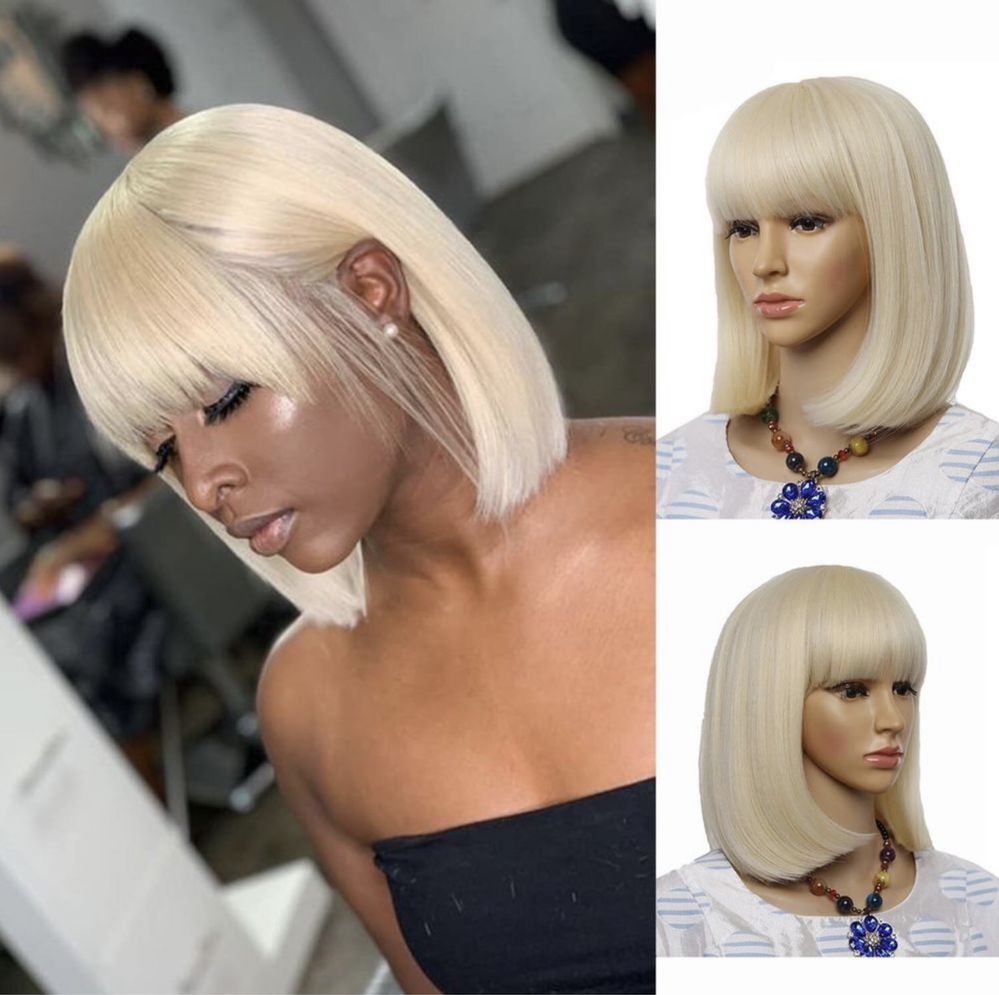 Peruca R40 Blonda Ombre Bob Scurta Breton Blond Cenusiu Gri Platinat