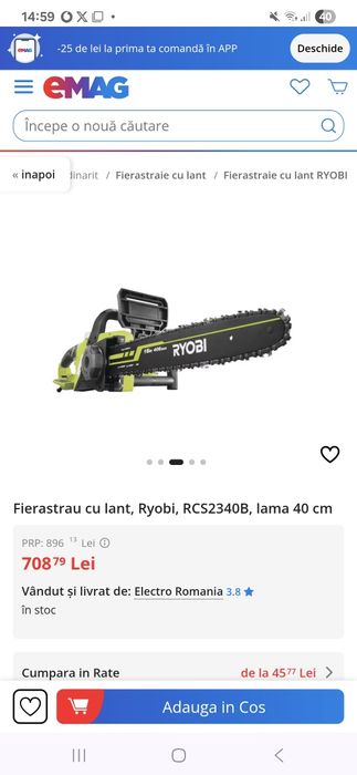 Fierastrau electric cu lant, Ryobi, RCS2340B, lama 40 cm