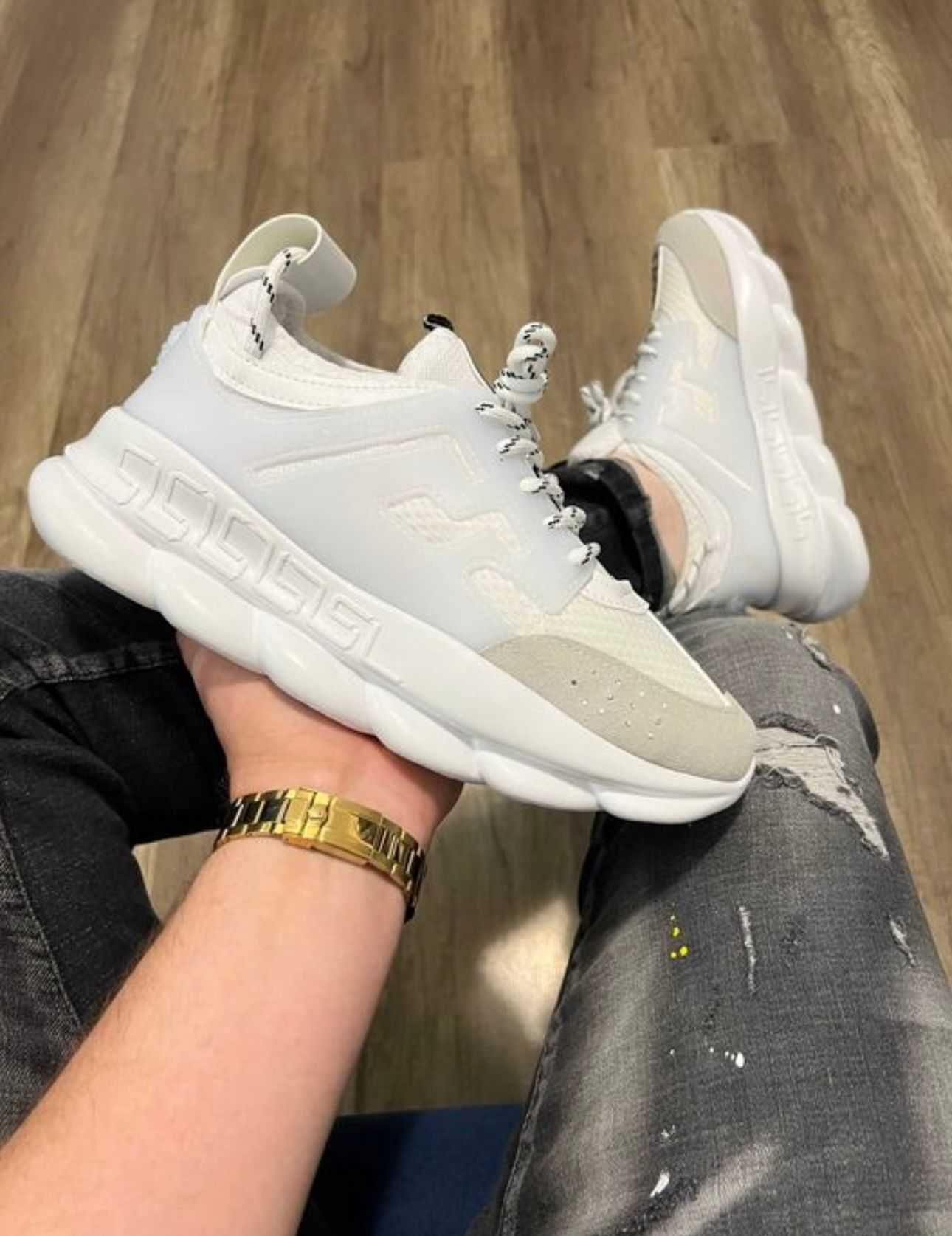 Adidasi Versace albi Chain Reaction full white dama si barbati