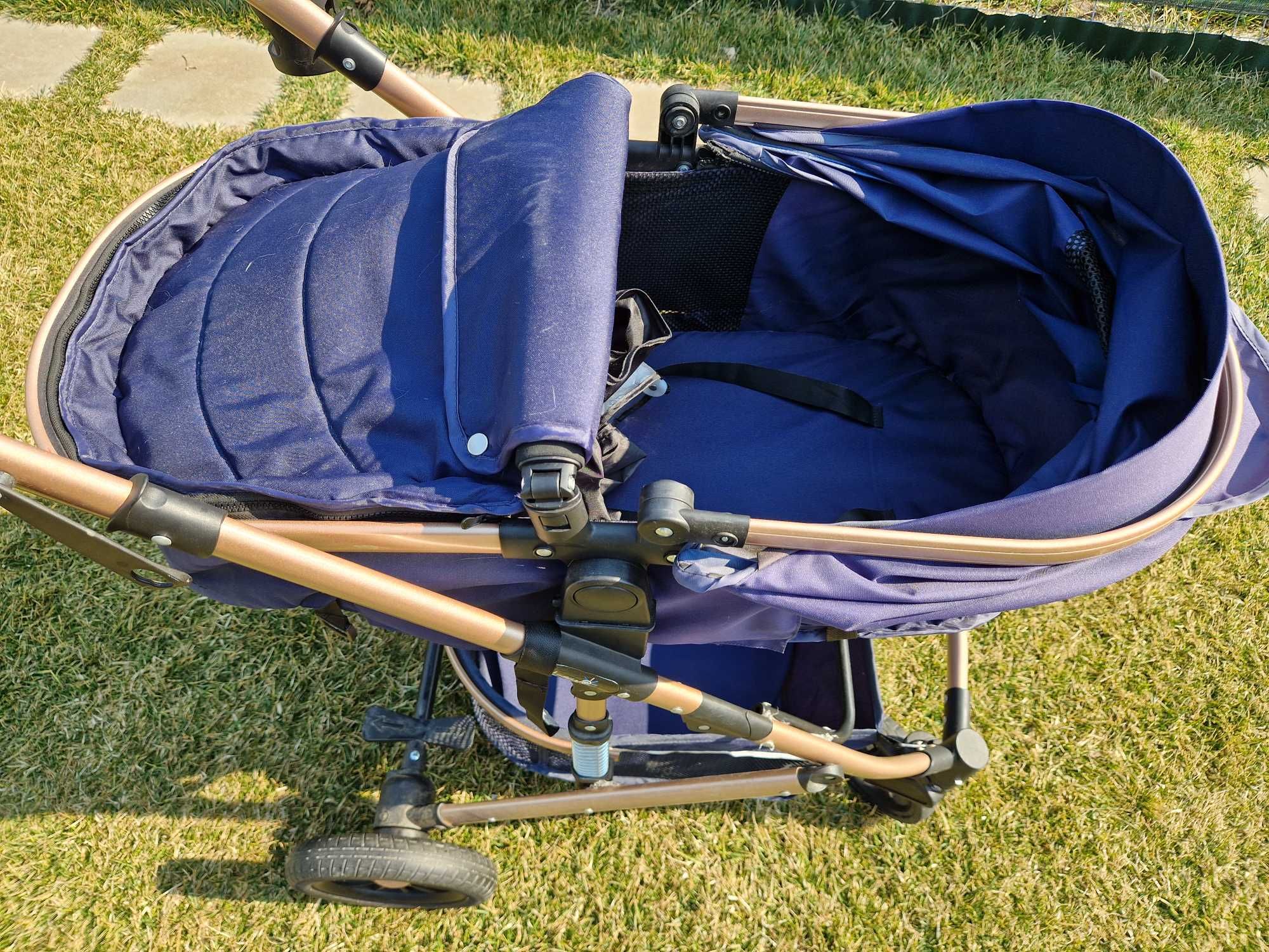 Carucior 2 in 1, dubla suspensie, roata cauciuc, albastru cosmic