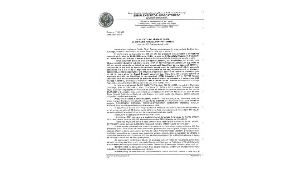 Casa + teren de vanzare Popesti-Leordeni. LICITATIE