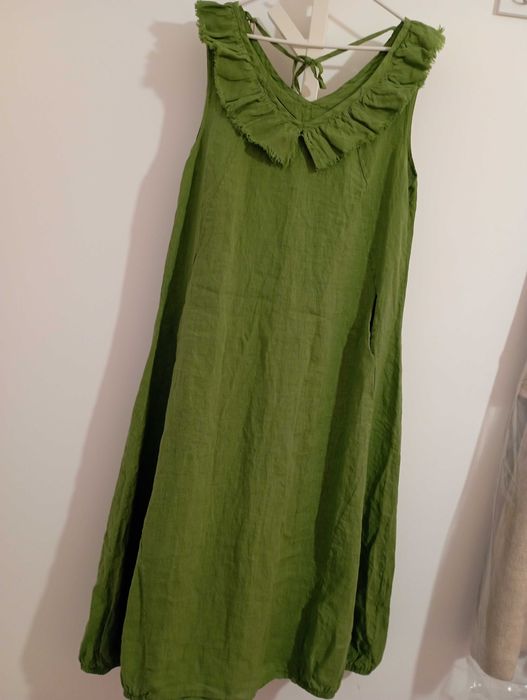 Дълга, зелена, ленена рокля. 100% лен. Нова!