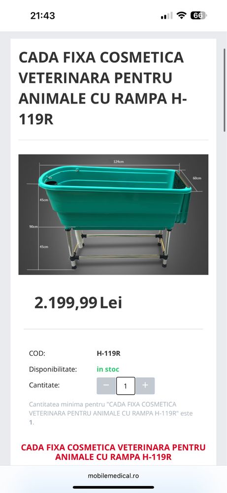 Cadă fixă cosmetică veterinară cu rampă – Model H‑119R