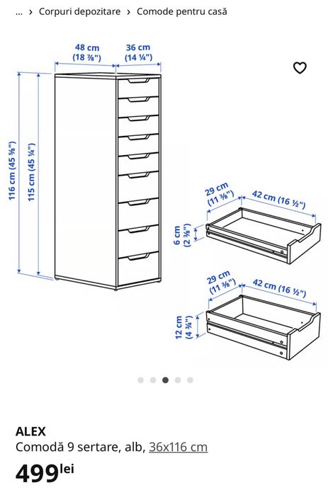 ALEX Comodă 9 sertare, alb, 36x116 cm