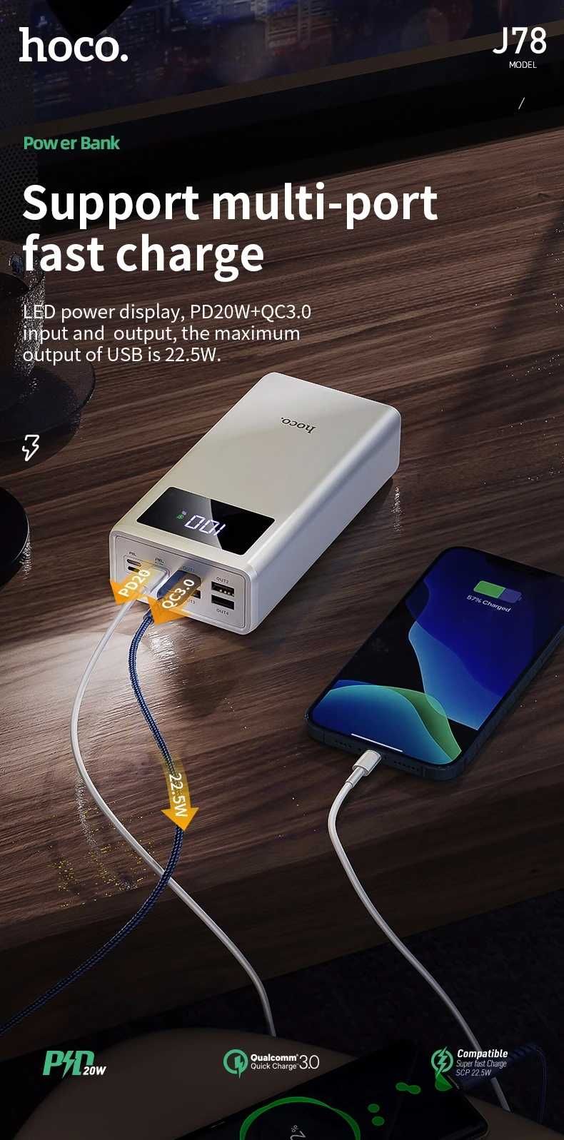 Hoco J78 & J78A Power Bank 30000mAh PD 20W + 22.5W QC3.0