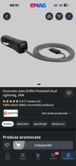 Incarcator Auto Griffin PowerJolt Dual 24W 12W X 2 - Negru