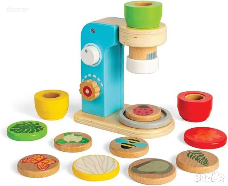Bigjigs Toys Дървена играчка микроскоп от 14 части с 3 лещи