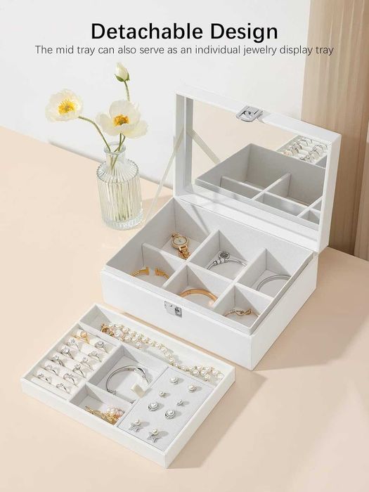 Cutie bijuterii cu 2 nivele si oglinda, piele ecologica, Roz/Alb