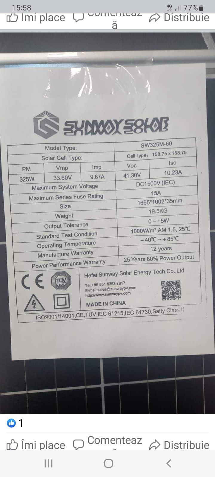 Panouri solare fotovoltaice 325W