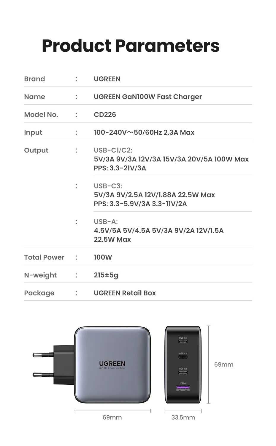 Зарядное устройство UGREEN USB Type-C, 100 Вт