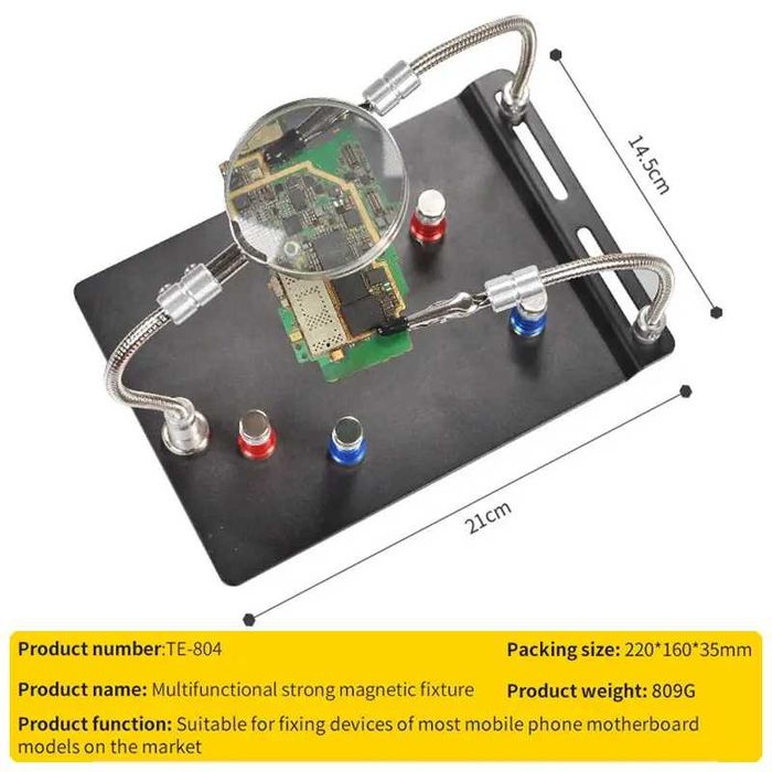 Държач за платки TE-804 със гъвкави крачета, магнитни скоби, лупа