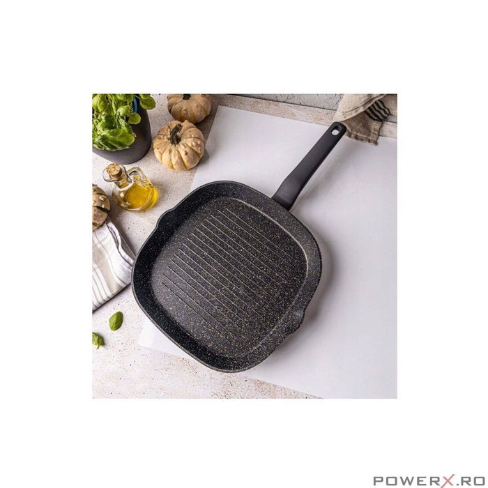 Tigaie tip grill, din aluminiu turnat, marmorata, neagra, 24cm,