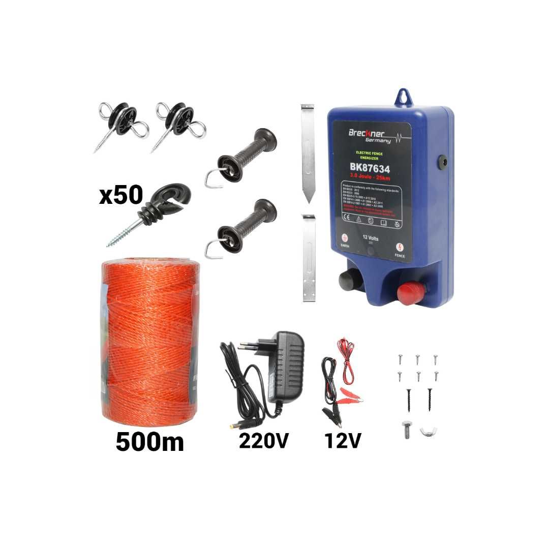Kit pachet gard electric 3 Joule 12 220V fir 500m 50 izolatori