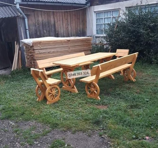 Set masa cu băncuțe scaune lemn terasă foișor rustic