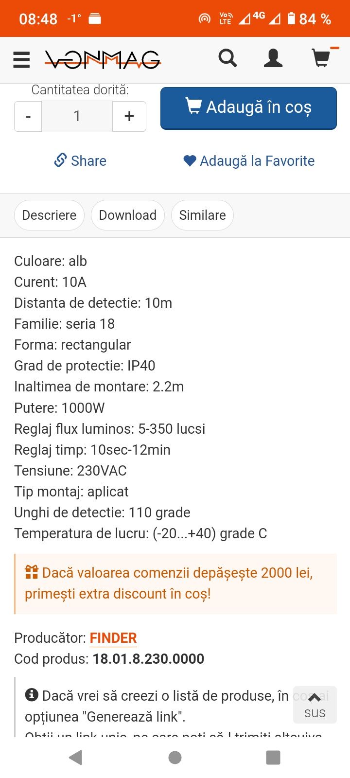 Senzor iluminat exterior 10A,Ip.40