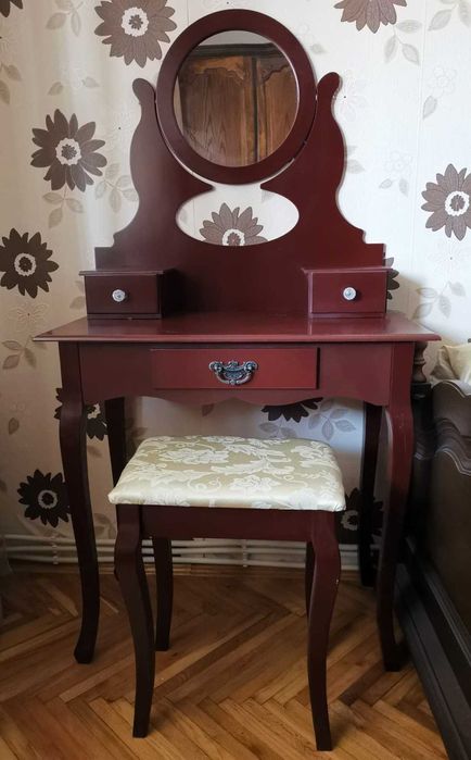 Masa de toaleta / machiaj + scaun Linet, lemn maro-roscat