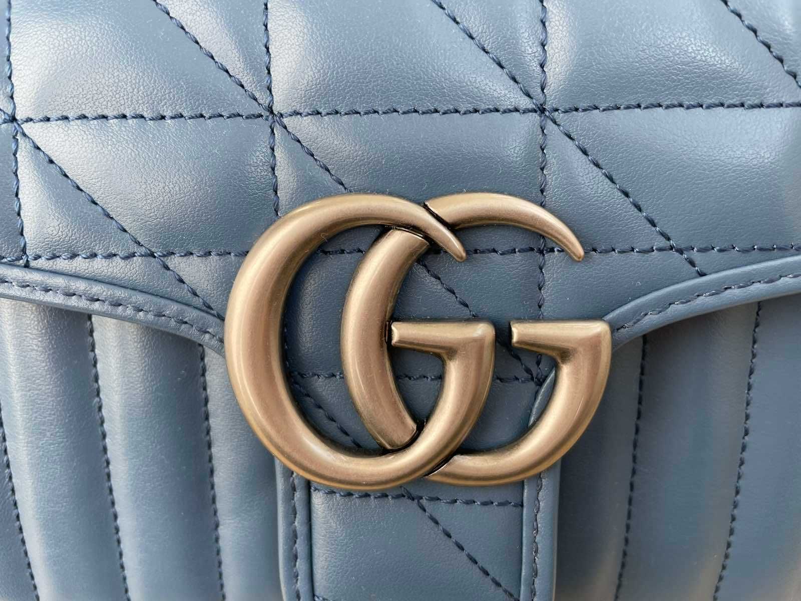 Gucci Малка Чанта Marmont Гучи Синя кожa Сребърно Лого Оригинална