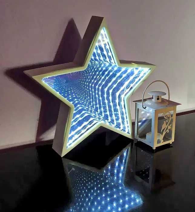 Stea LED infinity mirror +  felinar  LED din metal și sticlă .