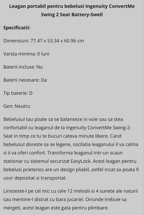 Leagăn electric pentru bebeluși – ca nou, folosit de maxim 5 ori
