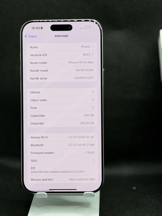 iPhone 16 Pro max 256 gb Pret 4300 lei