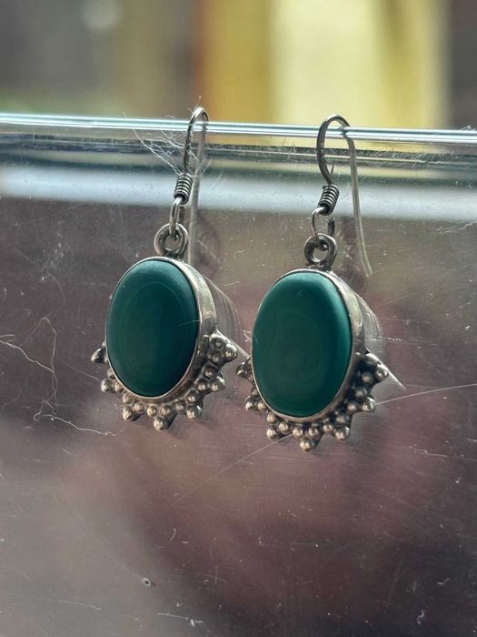 Superbi cercei din argint 925 cu malachit/vintage/7g/2,2cm+tortițe.