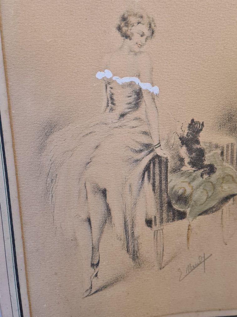 Alfred Renaudin 1920г. Акварелна рисунка жена и нейната котка