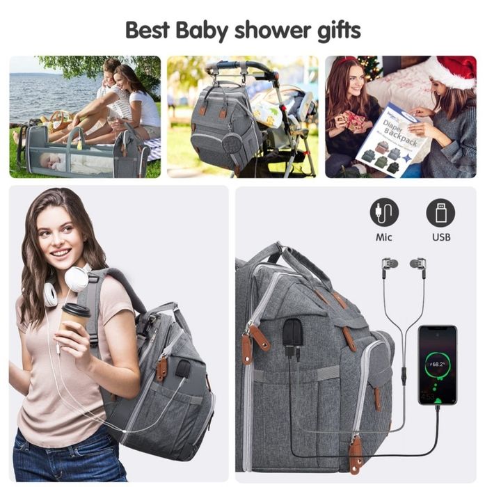 Раница за бебешки принадлежности, сива