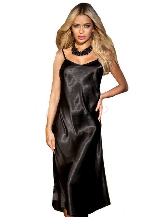 Neglijeu sexy dama negru satin pijama lunga femei camasa lux de noapte