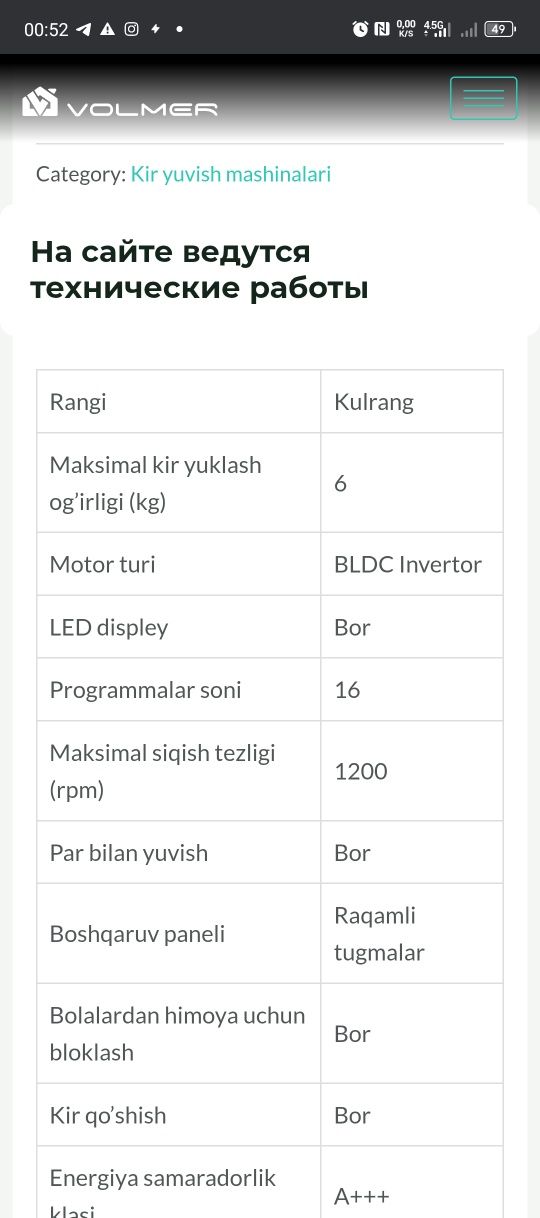 Volmer Kir yuvish mashinasi invertir kafolati 10 yil