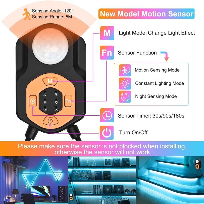AOYADAISU LED светлинна лента за закрито, сензор за движение 3 м, 2 бр