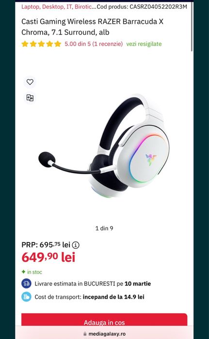 Casti Gaming Wireless RAZER Barracuda X Chroma, 7.1 Surround sigilate