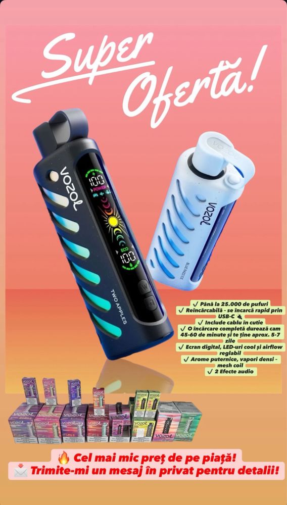 Narghilea electronică VOZOL 25.000 pufuri, reîncărcabilă, București