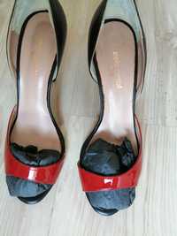 Дамски отворени обувки/сандали висок ток черно/червено естествена кожа