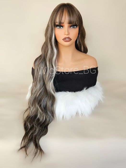 Дълга къдрава кестенява перука на кичури с бретон