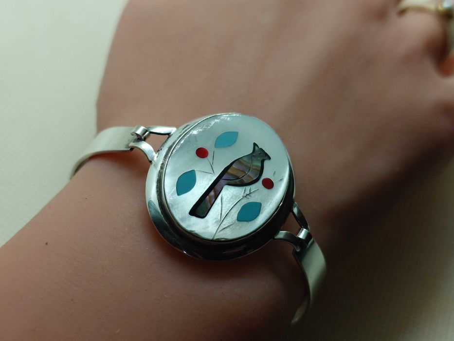 Brățară superbă din argint 900 cu panou inlay din sidef, Zuni