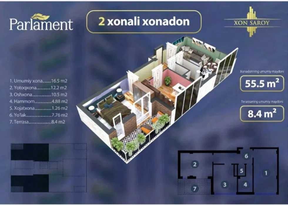 XonSaroy Парламент 2-ком РАЗДЕЛЬНАЯ подключ УПАКОВКА 64м2 с террасой!!