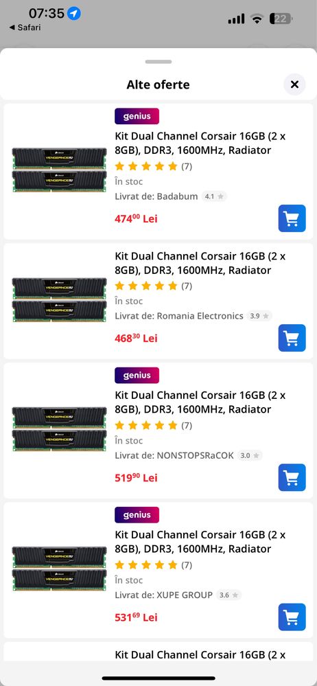 Kit dual channel DDR3 Corsair 2*8Gb 1600mhz